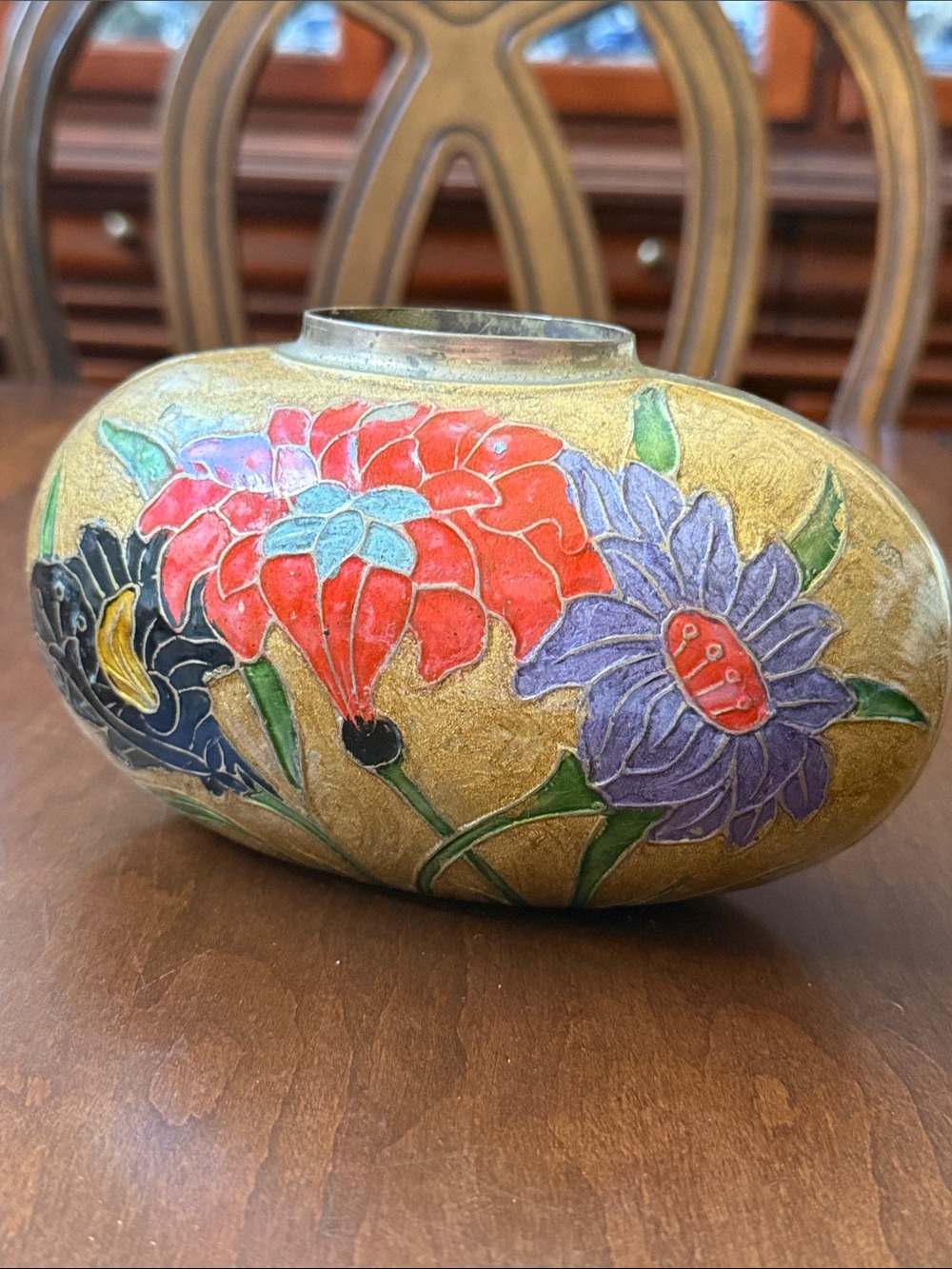 Vintage Hand-Painted Floral Enamel Cloisonné on brass Vase Gold, Red, Purple